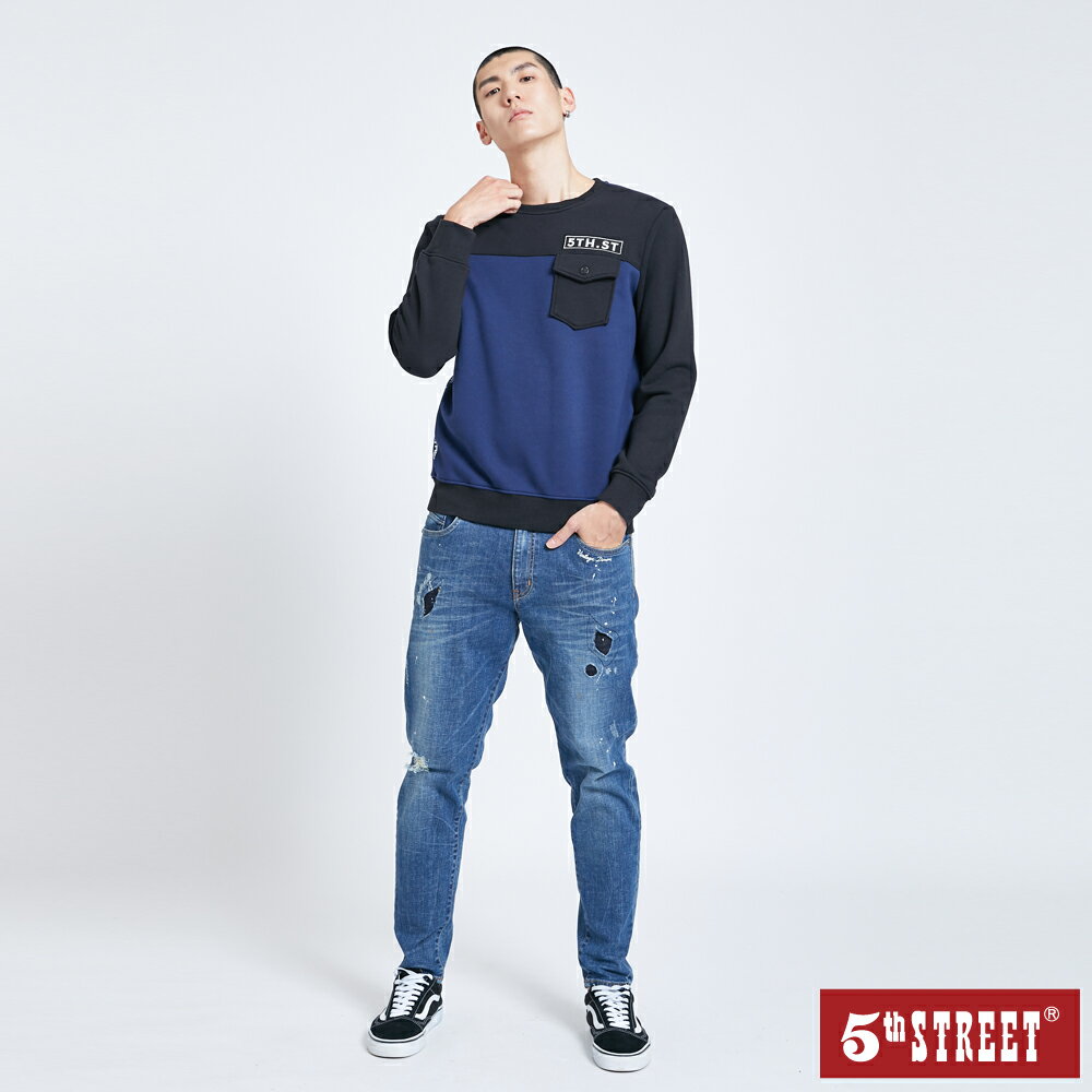 男拼接衛衣厚長袖T恤-黑色【5th STREET】【APP下單享4%點數】 2