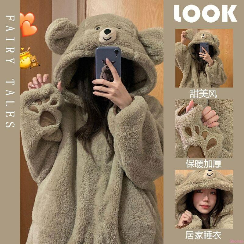可愛熊寶睡衣女秋冬季珊瑚絨風連帽法蘭絨加絨加厚冬款居家服卡通睡衣 睡袍 長款睡衣