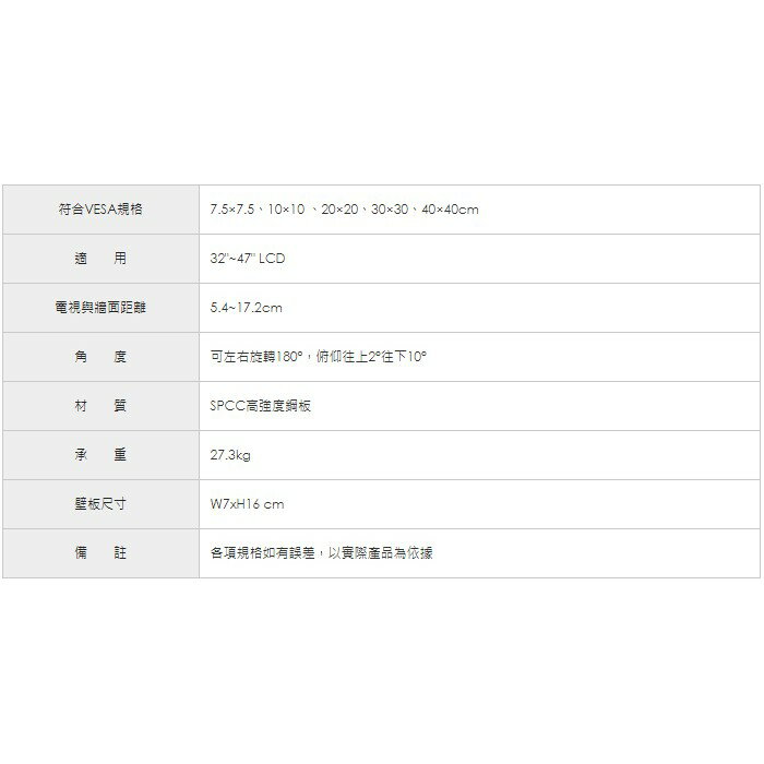 LED-08A 32-47吋液晶電視旋臂壁掛架/電視牆面距離5.5-17.2cm/俯仰往上2°往下10°/左右旋轉180 2
