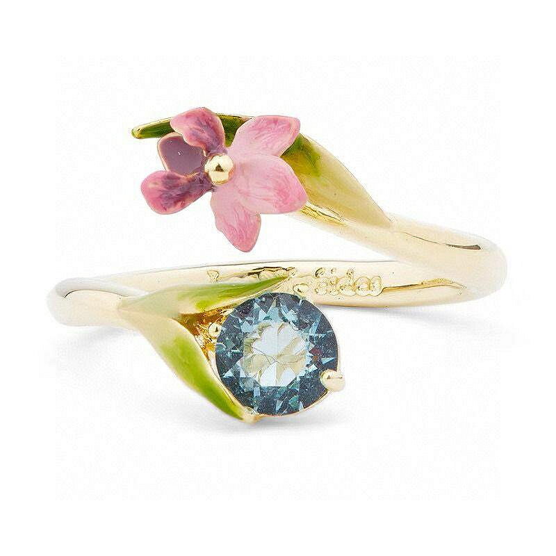 【百貨屋二號】Les Nereides 法國琺瑯首飾品 梵高鳶尾花系列 圓鉆粉紫花朵綠葉 開口戒指指環