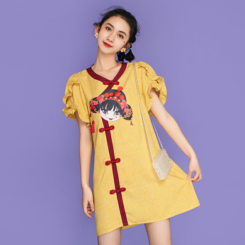 年新款夏季中國風日常連衣裙氣質顯瘦復古旗袍改良版裙子黃色