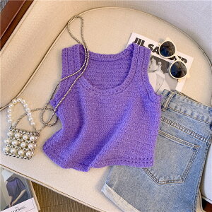 紫色針織無袖上衣女高級感夏季新款設計感小眾寬松顯瘦背心外穿女