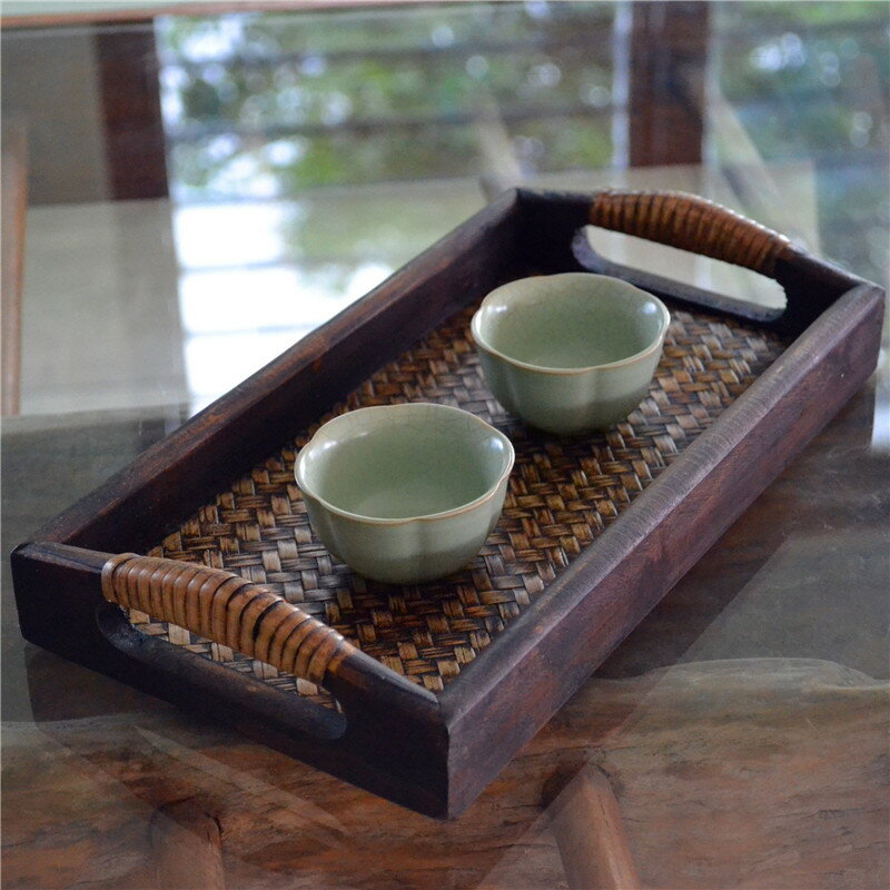 泰國復古竹編託盤客廳小茶盤茶杯實木美容院水杯盤創意家居水果盤
