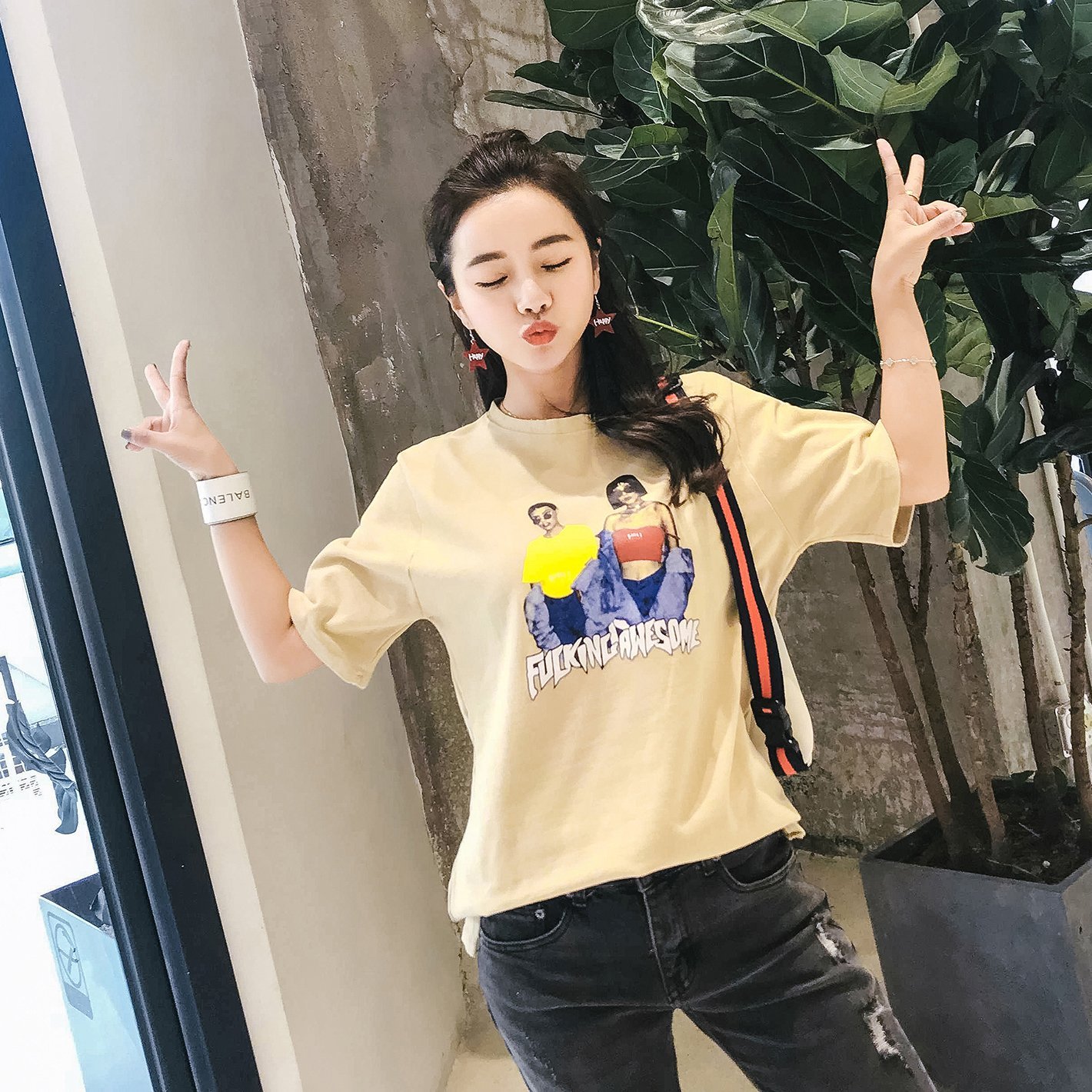 FINDSENSE H1 2018 夏季 新款 印花 寬松 韓國 chic女裝 短袖 T恤 街頭 潮流 體恤 上衣