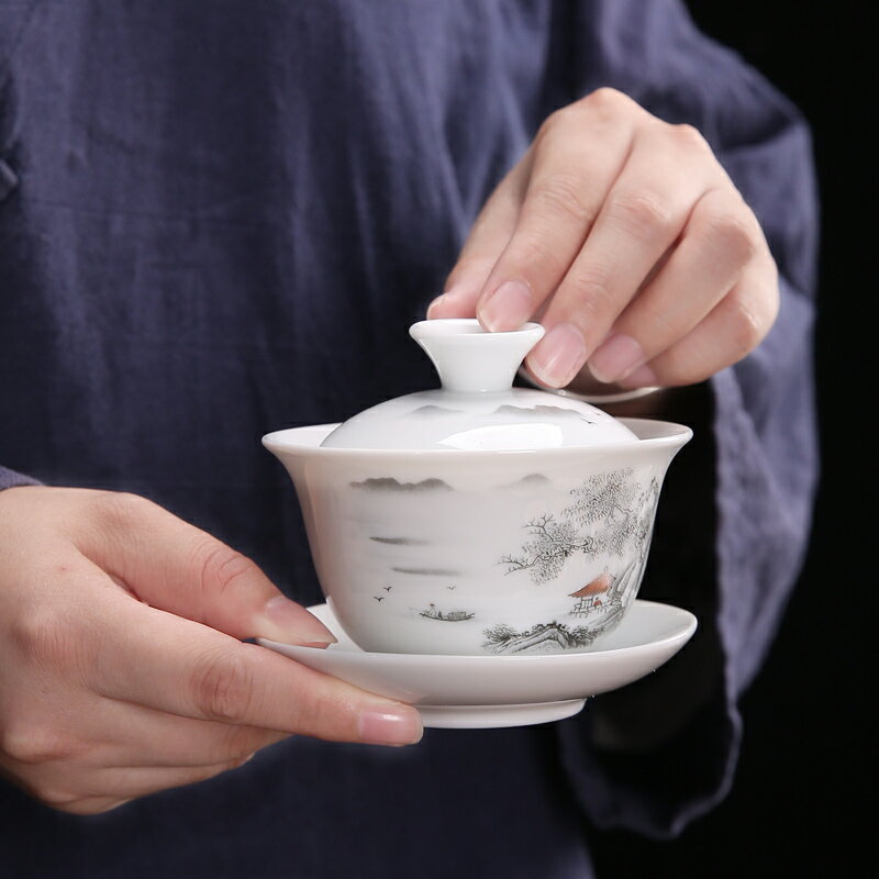 中式白瓷功夫茶具套裝家用客廳辦公室泡茶陶瓷蓋碗茶壺茶杯禮盒裝