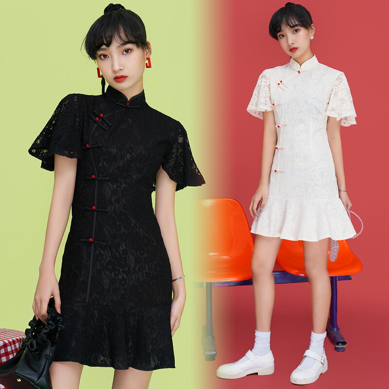 改良版少女旗袍中國風甜美風小個子短款連衣裙夏季蕾絲年輕款學生