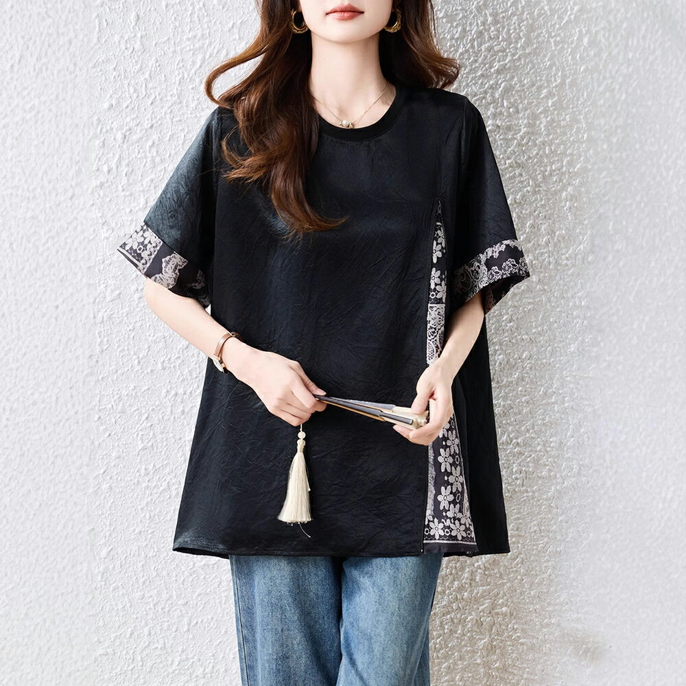 ＊ORead＊韓版圓領印花拼接短袖T恤上衣(黑色L~5XL)
