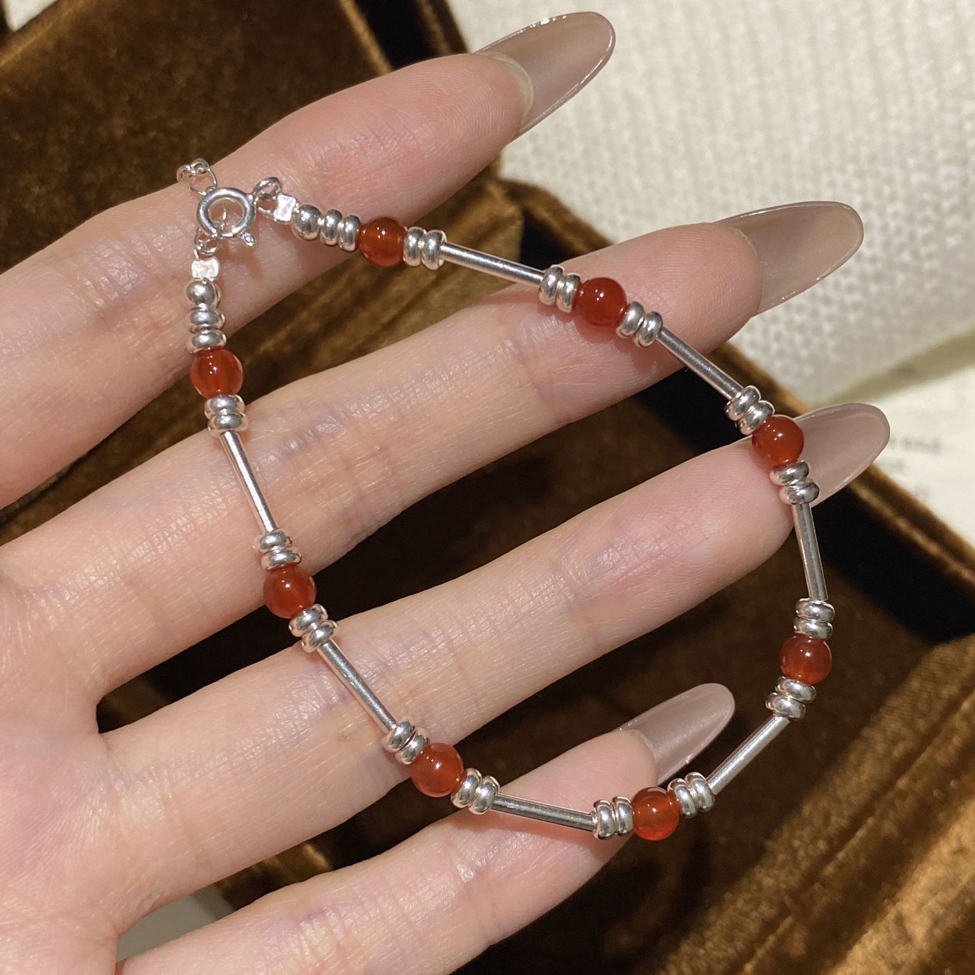 蒂奇實拍S925純銀紅瑪瑙竹節手鍊女復古新中式韓版ins風疊戴手飾