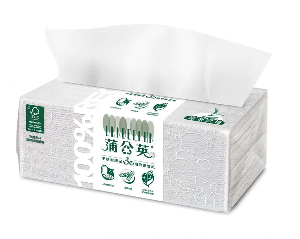 蒲公英三層綠茶舒適環保抽取衛生紙(100抽/10包/7串/箱) 3