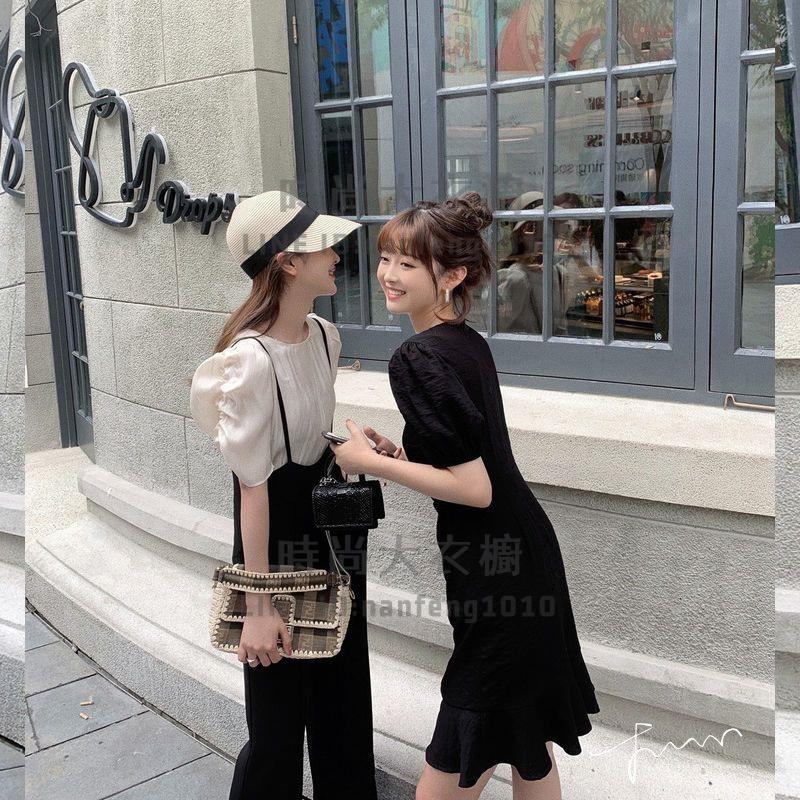 時尚套裝女短袖褲裝韓版氣質泡泡袖高腰背帶褲顯瘦兩件套【時尚大衣櫥】 2