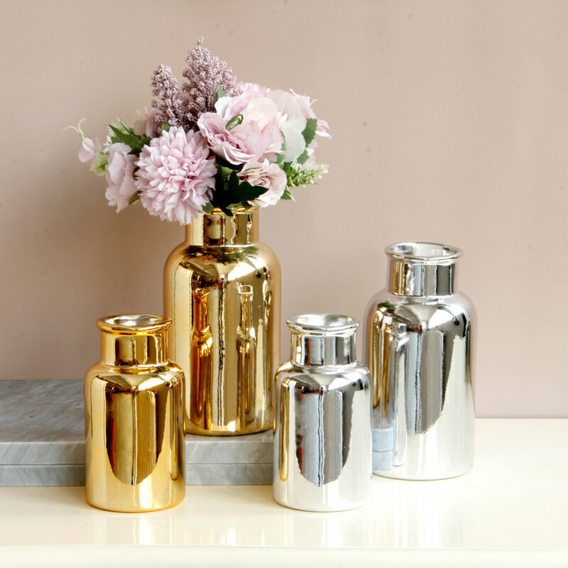 北歐金色輕奢陶瓷電鍍花瓶擺件創意家居客廳餐桌裝飾品花插工藝品