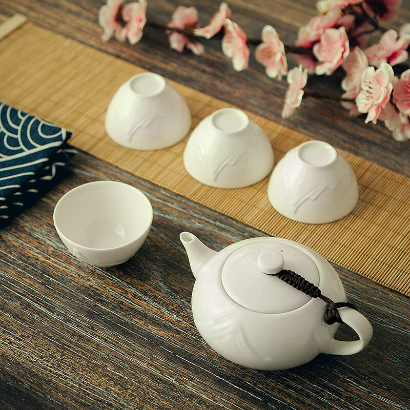 中式一壺四杯功夫茶具套裝白色陶瓷茶壺簡約茶杯家用茶道斗笠杯子