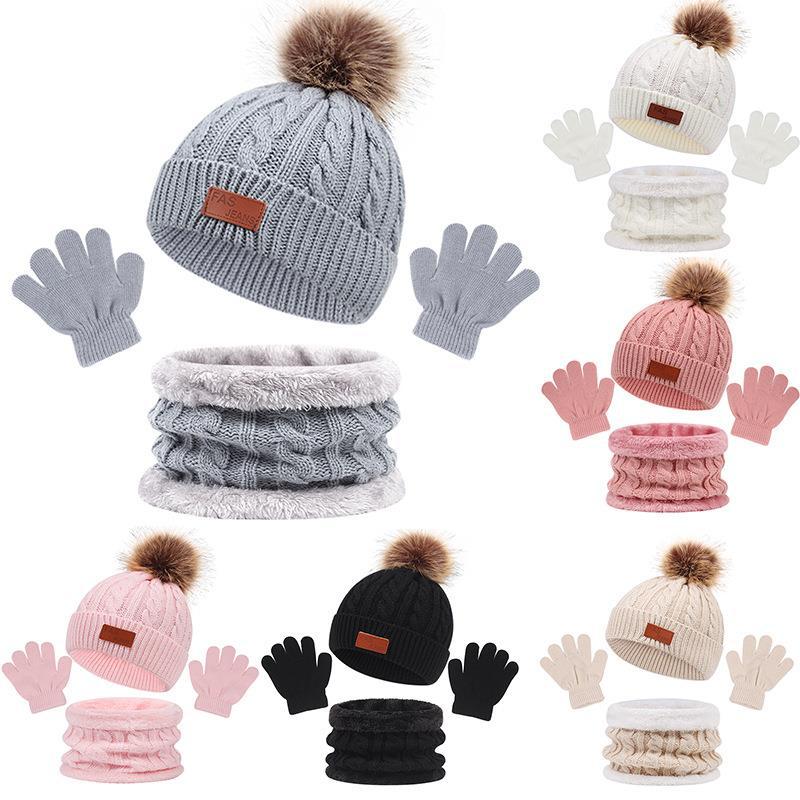 [3大陸直寄] 3件套 冬季兒童針織保暖無簷小便帽、手套和圍巾套裝