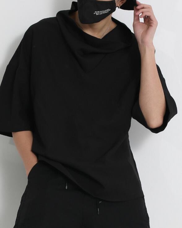 FINDSENSE MD 韓國 男 街頭 時尚 暗黑 套頭 蕩領設計 寬鬆 潮人款 打底衫 特色短T