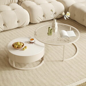 奶油風現代高端巖板茶幾小戶型家用客廳輕奢圓形水波紋玻璃茶幾桌