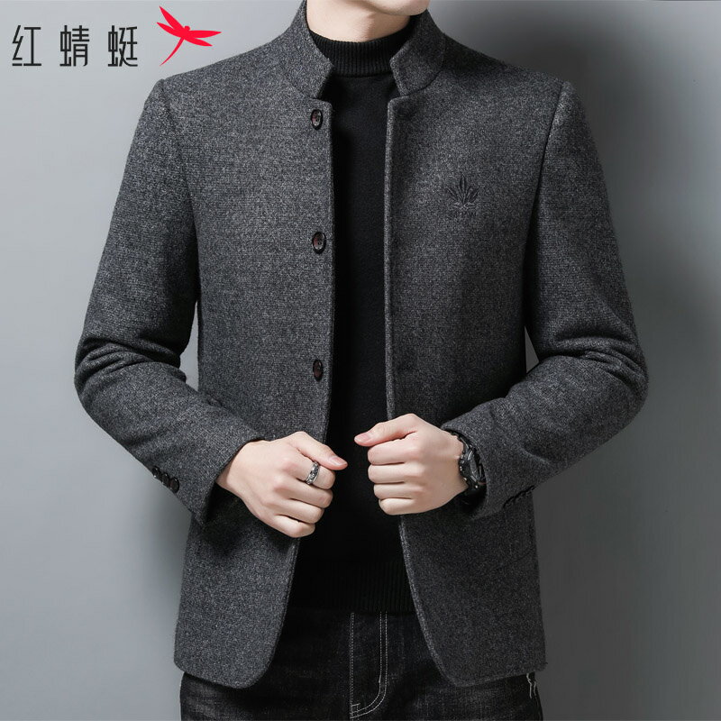 紅蜻蜓毛呢休閑夾克男士中年韓版帥氣爸爸裝秋季立領上衣服男外套