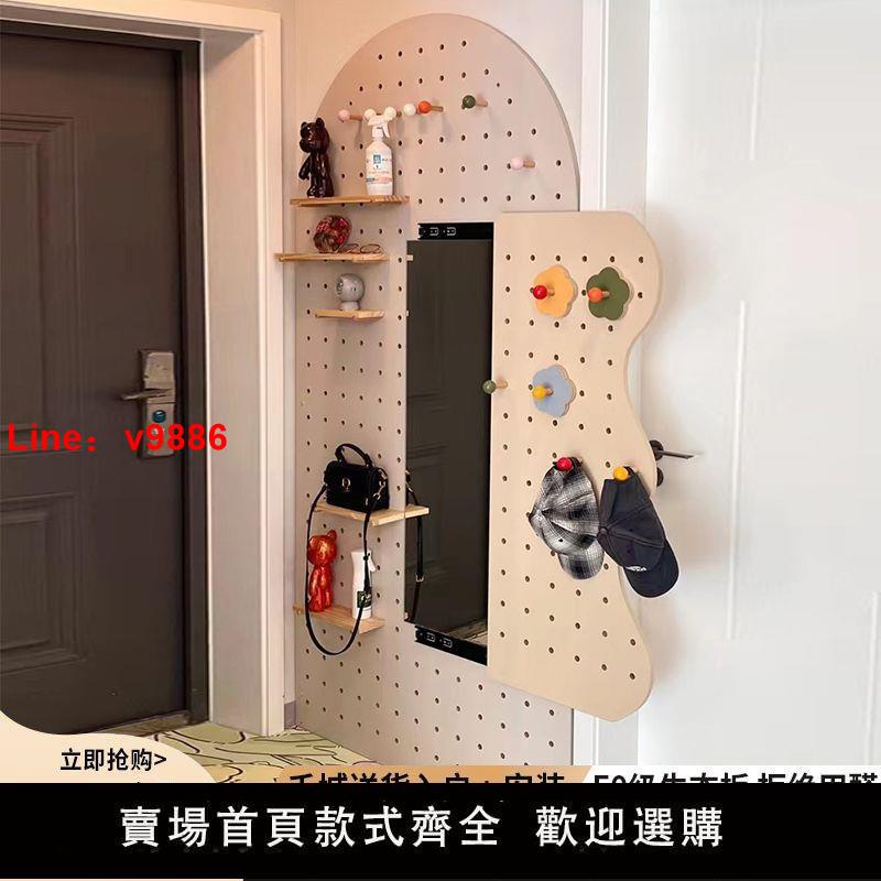 【臺灣公司 超低價】實木洞洞板定製入戶玄關臥室墻上置物架推拉鏡壁一體全身試衣鏡子