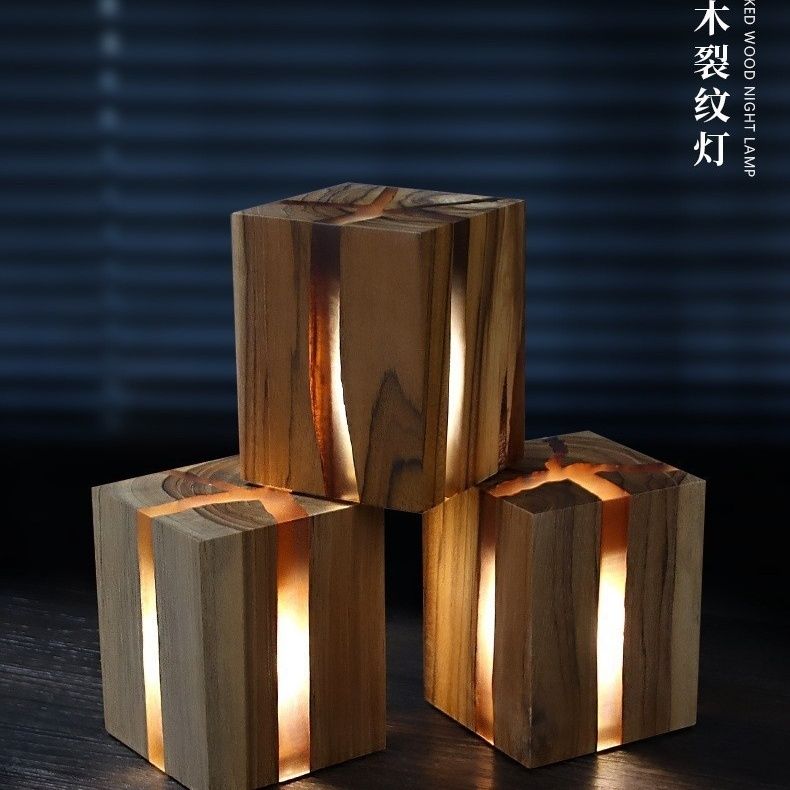 跨境創意桌面臥室裂紋燈ins風氛圍裝飾實木擺件北歐設計禮物LED小
