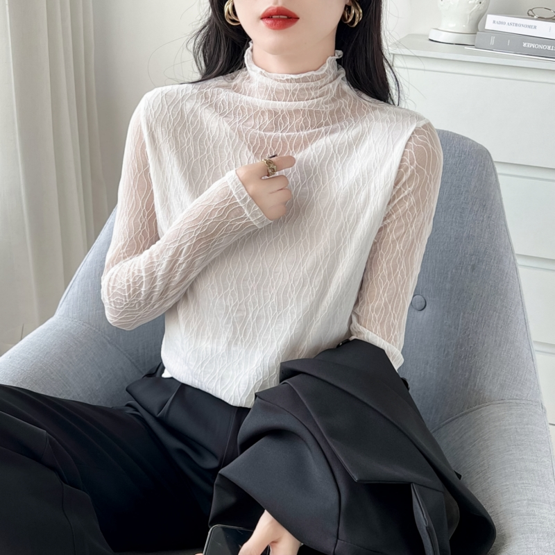 內搭蕾絲衫女2024年早秋新款白色雙層網紗打底衫有內襯洋氣上衣【淘夢屋】