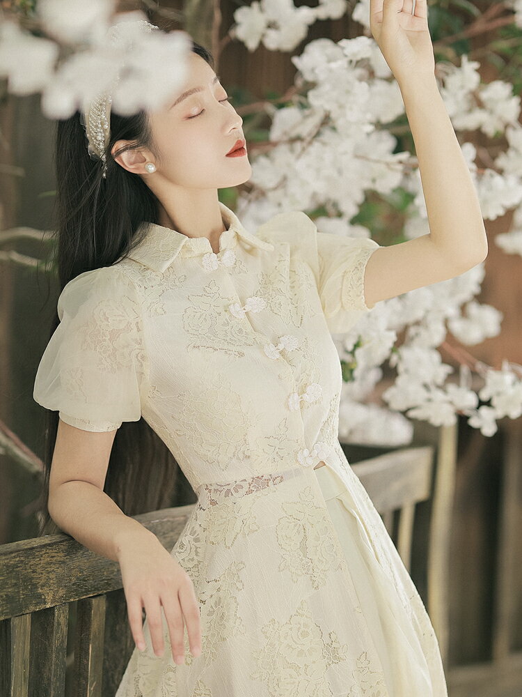 中國風改良蕾絲旗袍連衣裙女2021春款女裝超仙氣復古溫柔風套裝裙