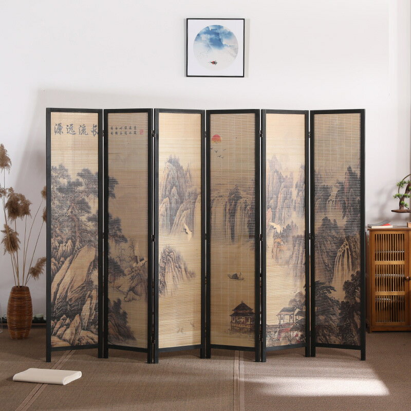 熱銷/免運費 復古懷舊實木屏風隔斷中式水墨竹製折屏酒店辦公室雙面玄關門屏風