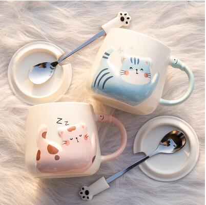陶瓷馬克水杯子帶蓋勺貓咪創意家用日式男女情侶款一對牛奶咖啡杯 全館免運