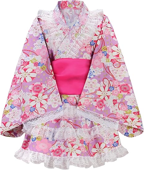 ReliBeauty【日本代購】浴衣禮服兒童女孩分離式帶金屬線帶蕾絲荷葉邊100%純棉夏祭時尚可愛兵兒腰帶套裝-紫色