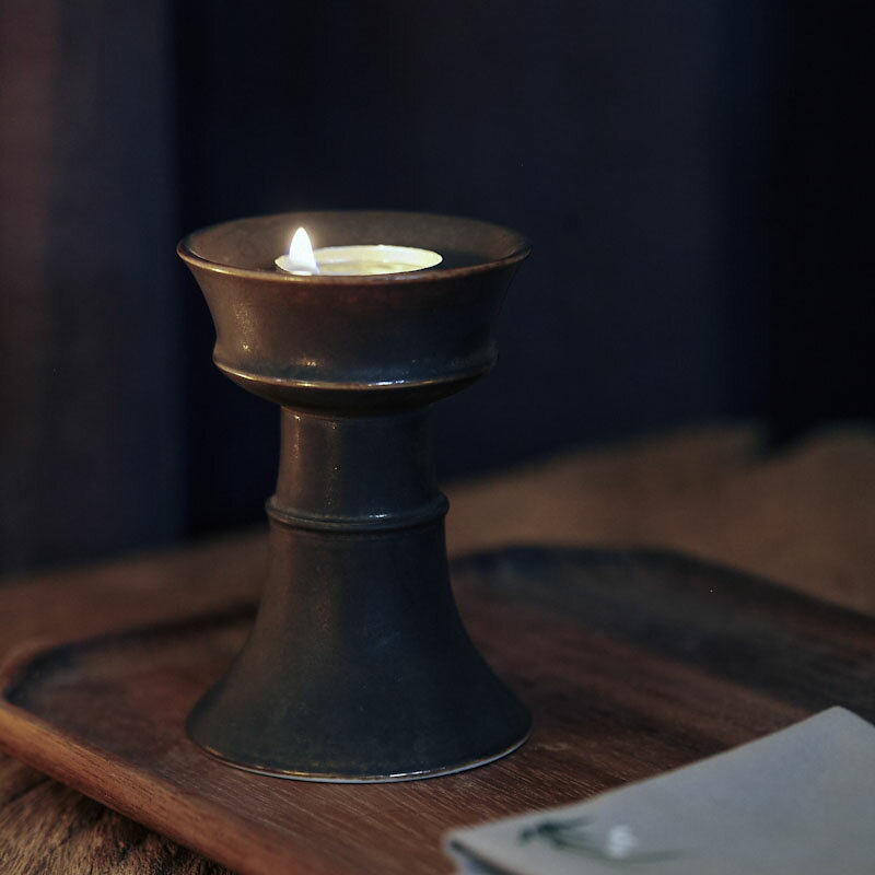 復古燭臺茶道茶桌裝飾香薰蠟燭油燈中式古典樣板間禪意擺件1入