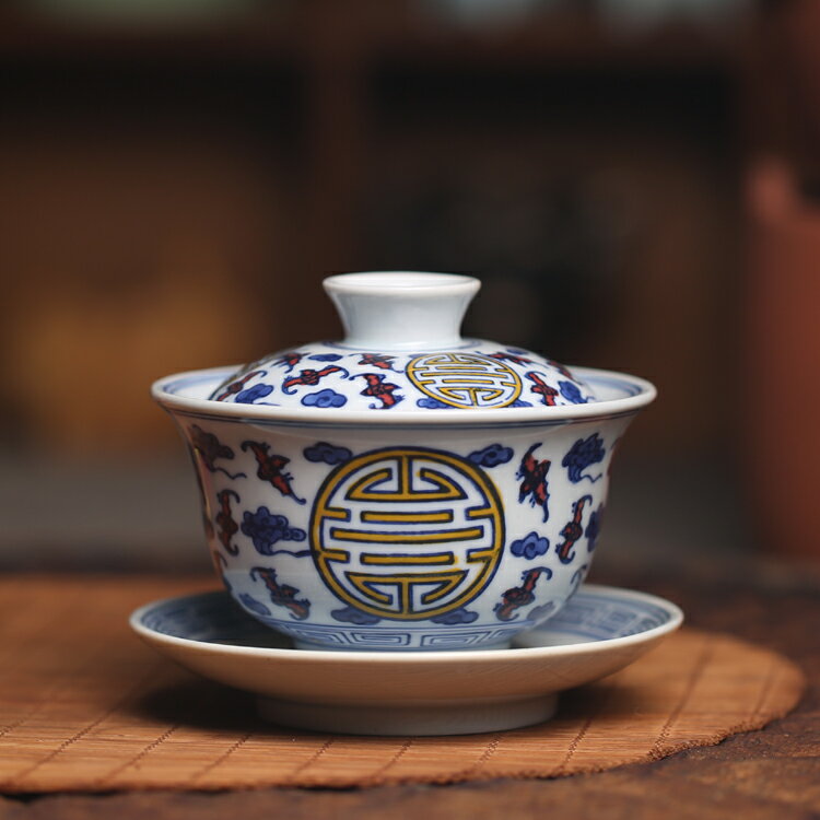 青花福壽蓋碗復古宮廷風中式陶瓷高溫釉下彩三才碗沖茶器五彩大號