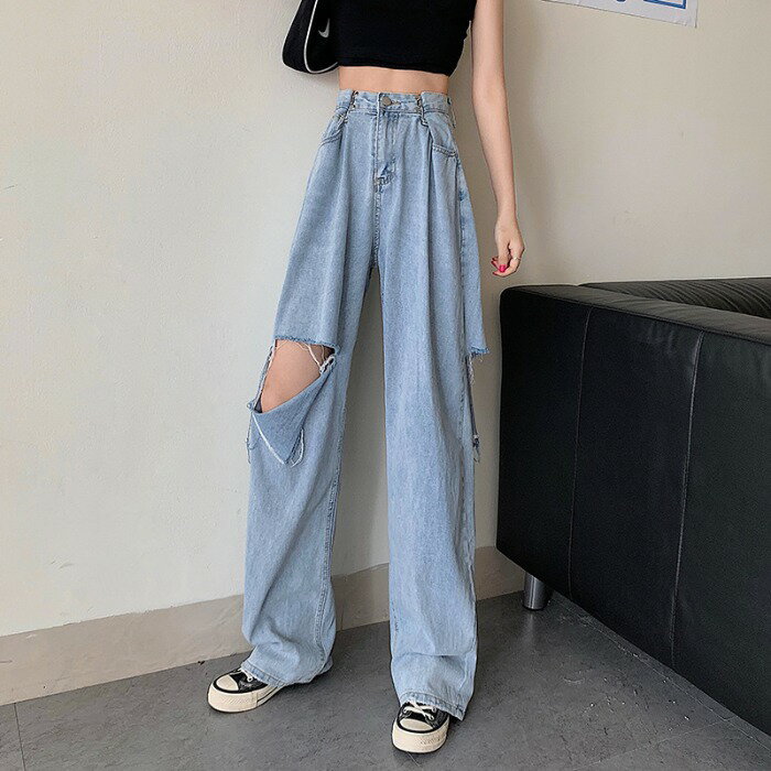 破洞牛仔褲女夏季薄款2021年新款高腰泫雅闊腿褲拖地直筒寬松褲子
