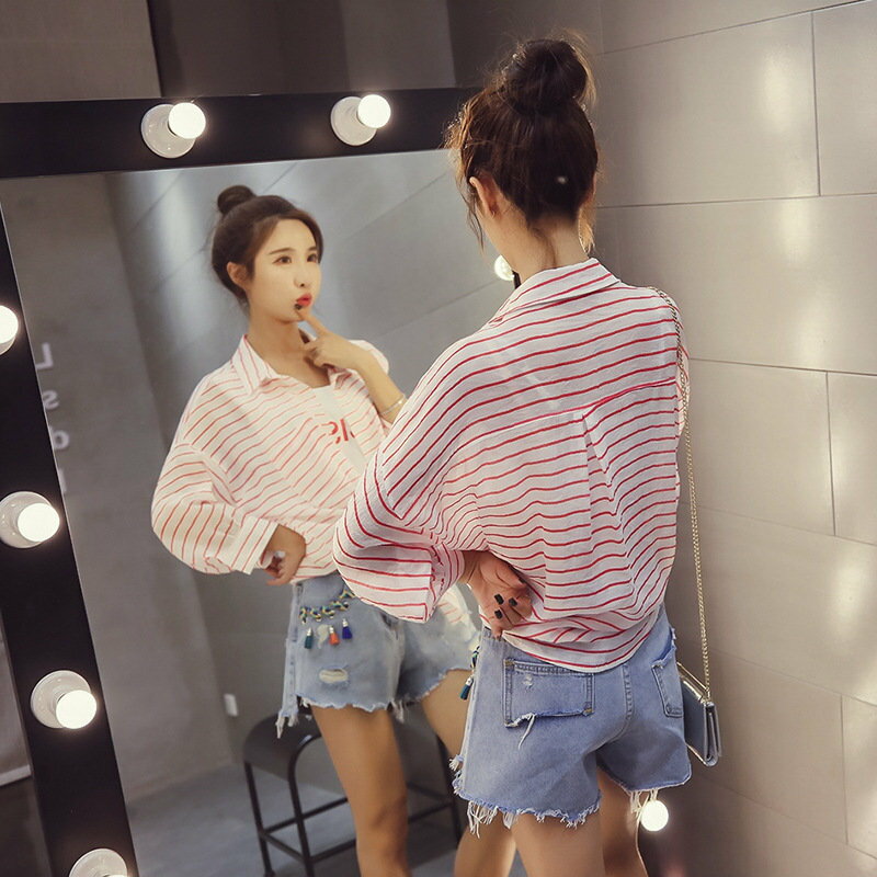 FINDSENSE G5 韓國時尚 條紋 襯衫寬鬆 長袖 防曬衣 假兩件 薄款上衣