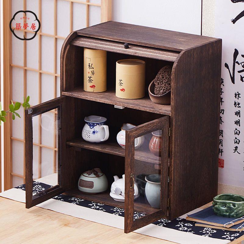 免運 可開發票 茶杯架 博古架 茶具架 茶架 實木雙層防塵玻璃桌面茶具茶杯置物架化妝品茶櫃茶壺收納櫃博古架全館折扣 特價/店長優選 工廠現貨 m5425