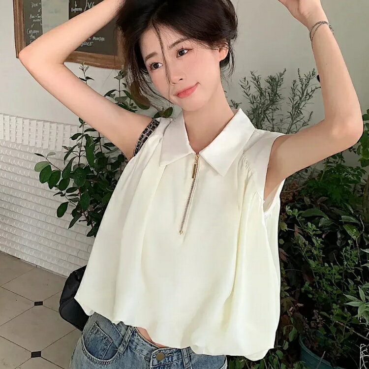 FUXI 無袖上衣女 Polo領氣質背心 素色顯瘦上衣 法式無袖襯衫 女生上衣 女裝 衣服