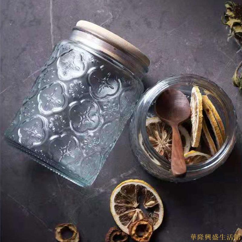 玻璃儲物罐密封罐食品級大號浮雕糖果罐竹蓋零食茶葉廚房收納罐