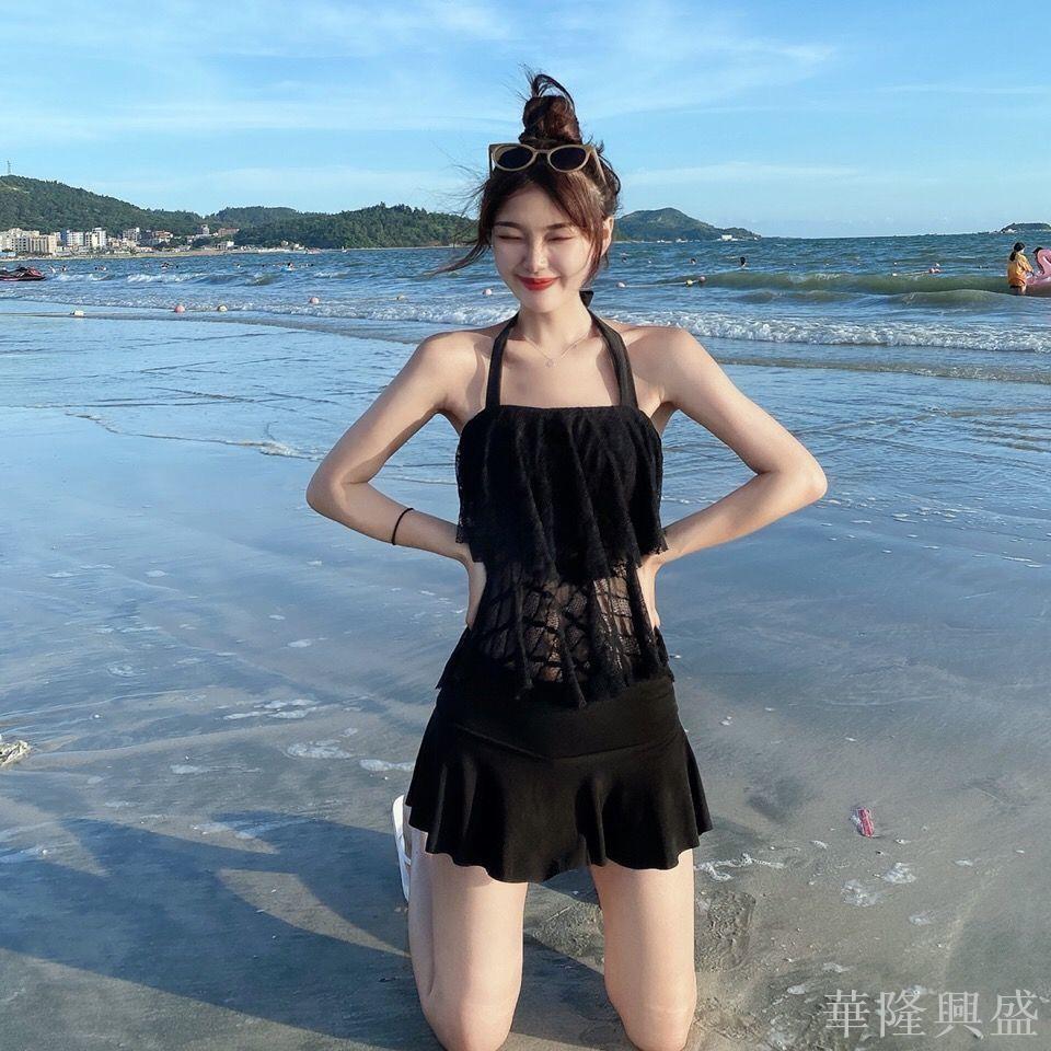韓版學生游泳衣少女兩件套顯瘦保守高腰遮肚分體平角游泳衣女泳裝