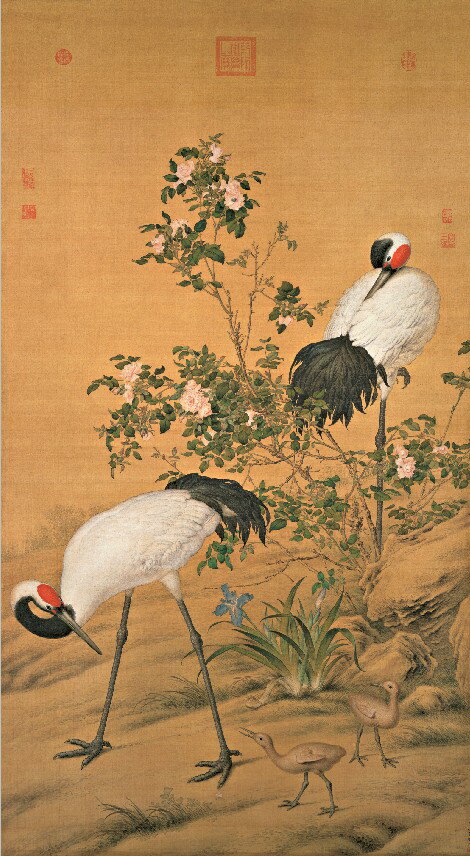 仿古畫名畫復製品郎世寧花蔭雙鶴圖47X86釐米名人字畫花鳥畫國畫