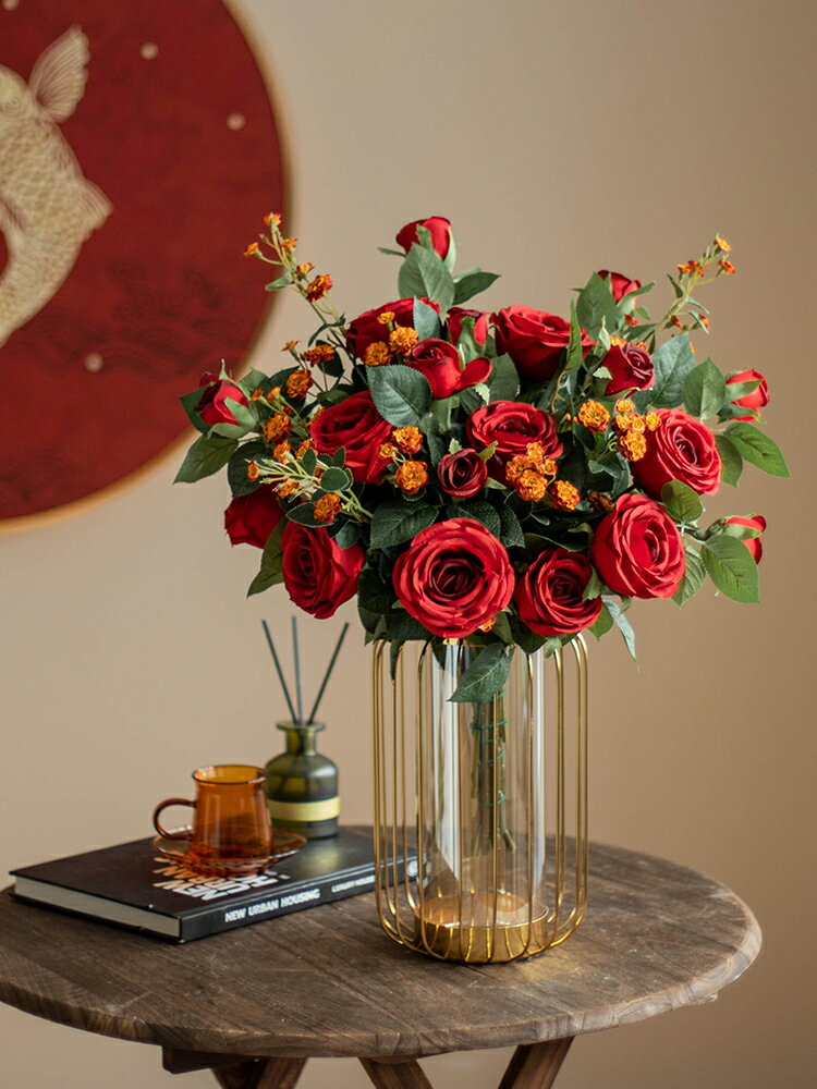 南十字星 輕奢仿真花紅玫瑰客廳餐桌花擺件玄關假花絹花裝飾擺設