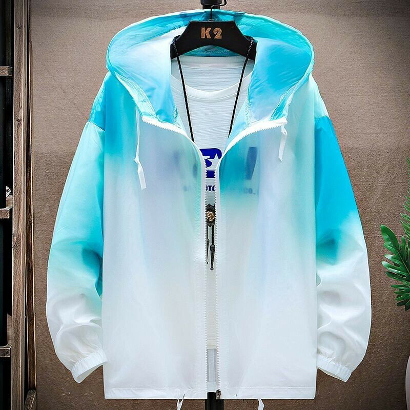 漸變色冰絲防曬服男|大碼90公斤男裝上衣|夏季輕薄款皮膚衣|韓版運動外套|印花潮牌連帽上衣|戶外釣魚防曬衣|寬鬆長袖衫