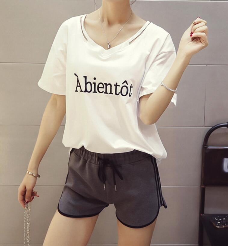 FINDSENSE MD 韓國時尚 女 寬鬆 簡約休閒 V領 字母刺繡 短袖T恤 學生短T 圓領T恤