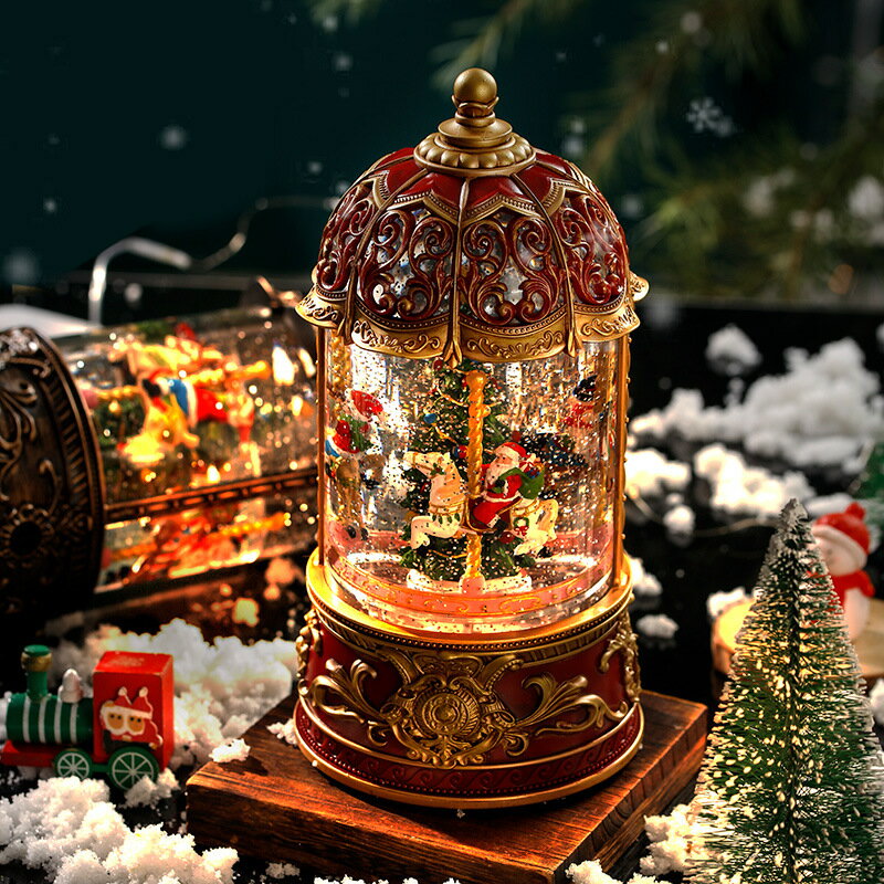 圣誕節旋轉木馬老人樹音樂盒水晶球八音盒飄雪兒童生日禮物復古的