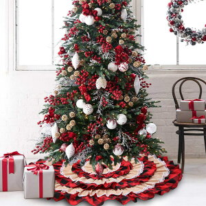 新款圣誕節裝飾用品蛋糕樹裙格子麻布圣誕樹樹墊百褶樹裙