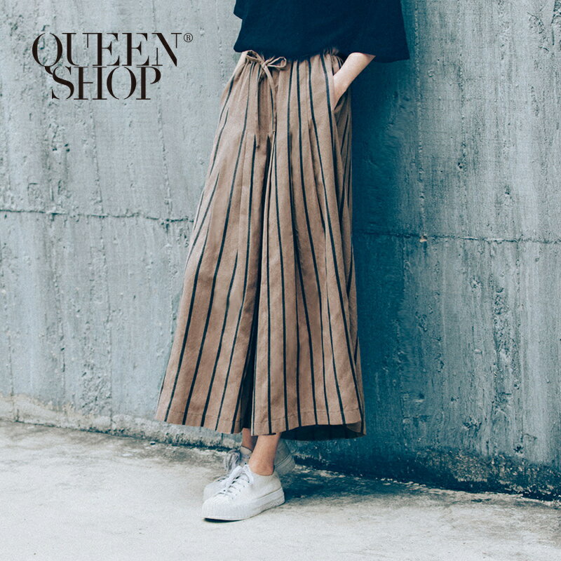 Ｑｕｅｅｎ Ｓｈｏｐ【04060279】腰抽繩鬆緊直條紋棉麻寬褲 兩色售＊預購＊