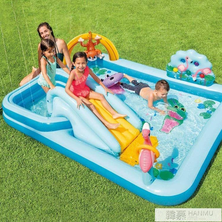 鱷魚園噴水滑梯充氣水池 兒童家庭充氣游泳池海洋球池