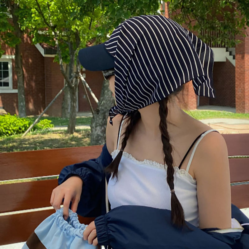 ANNAS 韓國下巴綁帶鴨舌帽 GD頭巾 防飛防曬帽子 巴拉克拉法帽 春夏條紋遮陽 7