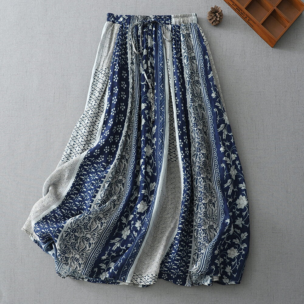 ＊ORead＊棉麻復古田園印花拼色百搭半身裙(圖片色M~2XL)