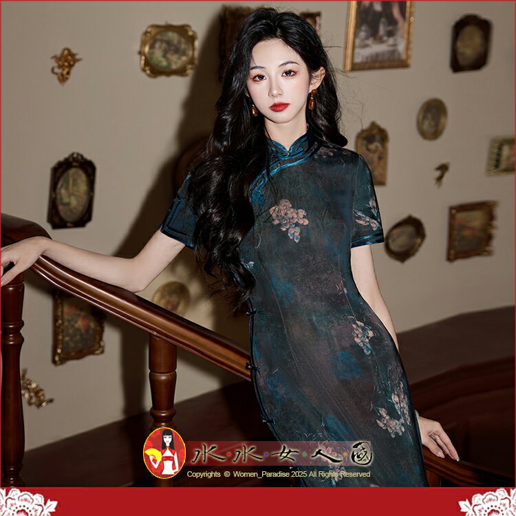 老上海旗袍新款短袖清冷感禪意絕美印花長款改良優雅新中式媽媽復古風連身裙開衩洋裝-花信年華(藍色)-水水女人國