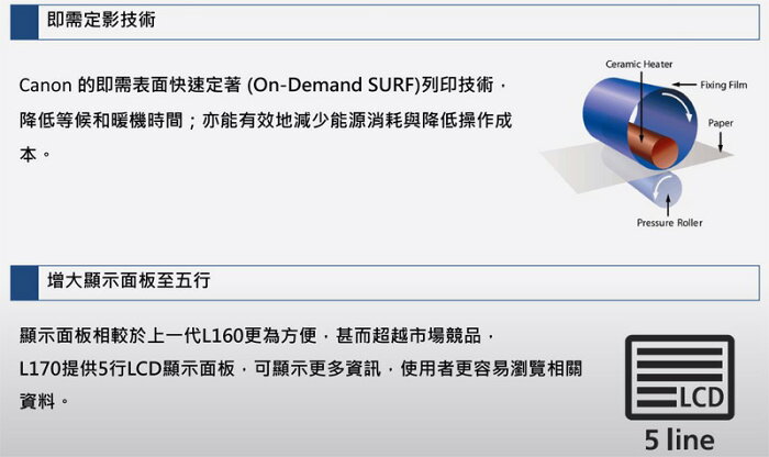 即需定影技術Canon 的即需表面快速定著(On-Demand SURF)列印技術降低等候和暖機時間;亦能有效地減少能源消耗與降低操作成本增大顯示面板至五行顯示面板相較於上一代L160更為方便甚而超越市場競品,L170提供5行LCD顯示面板,可顯示更多資訊,使用者更容易瀏覽相關資料。Ceramic HeaterPressure Roller FilmPaper5 line