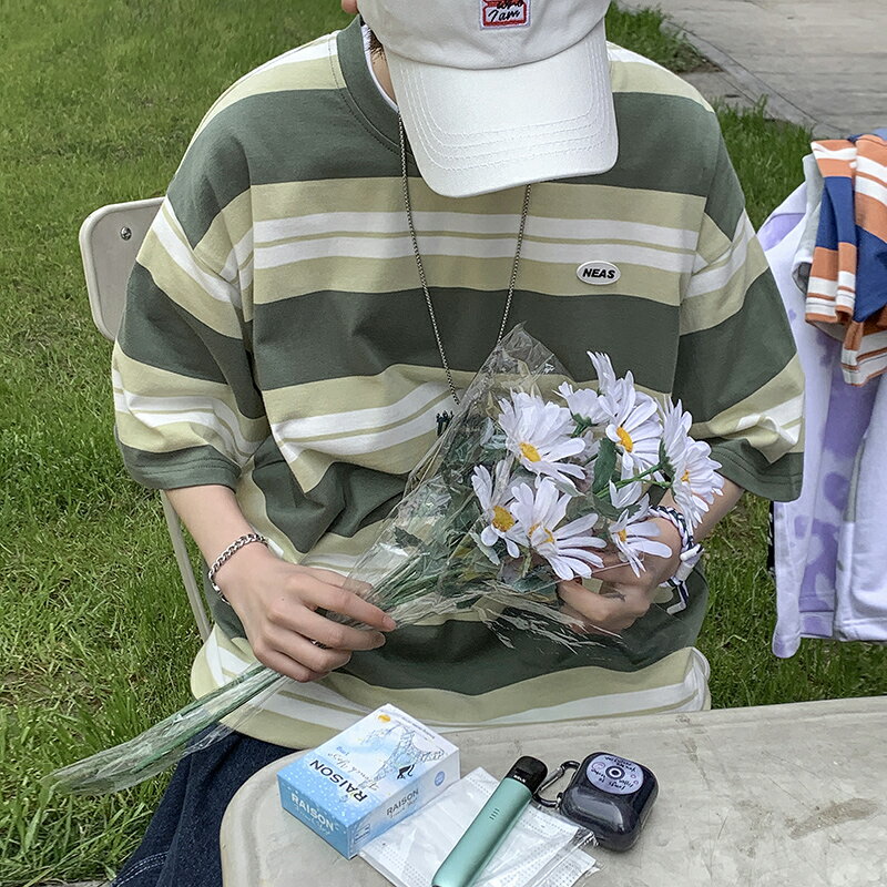 條紋t恤男短袖ins潮牌超火學院風情侶學生五分袖夏季簡約半袖上衣