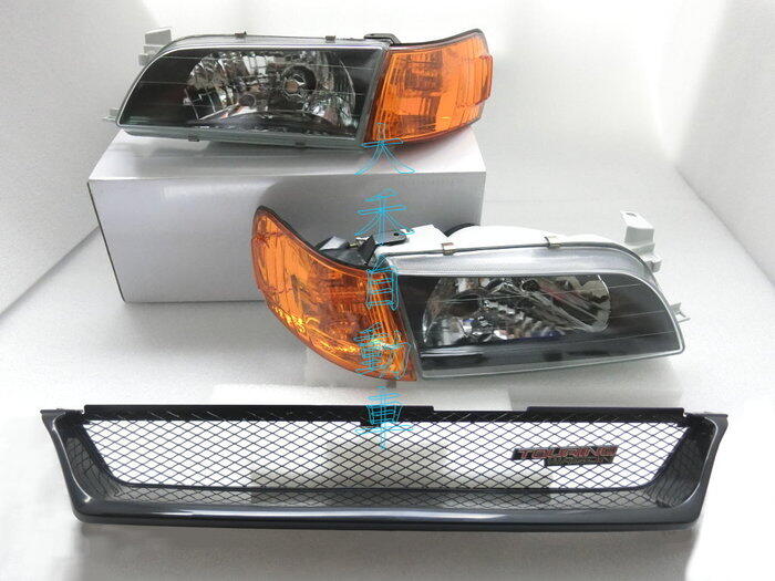 大禾自動車 日規 黑框玻璃大燈+黑框/黃角燈+網狀水箱罩 適用 TOYOTA COROLLA 93-97 AE100