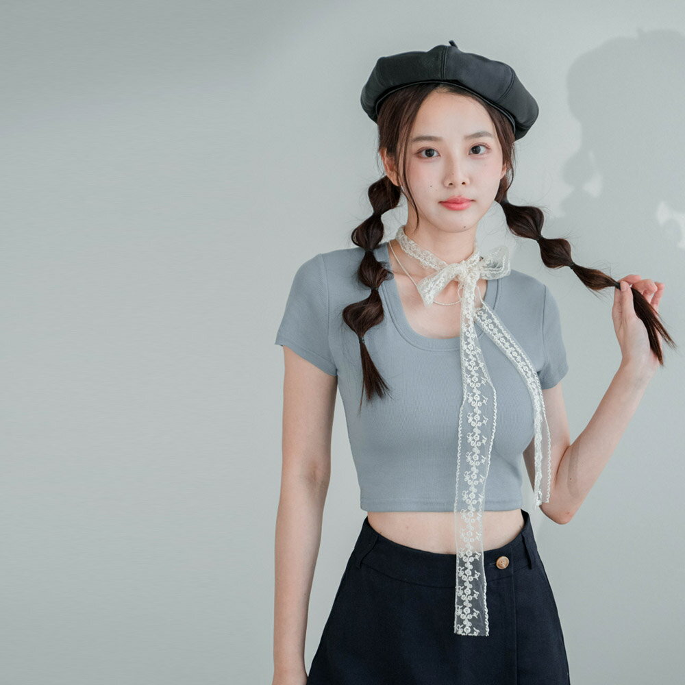 ★限時下殺$399★MIUSTARU形領可拆乳膠杯墊內胸托羅紋短版上衣(共5色)0610預購【NR1410】